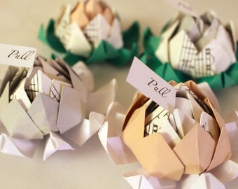 One Hundred (100) Origami Lotus Blossom Favours with Personalized Message (Sheet Music Accent) -Alternative Wedding Flowers