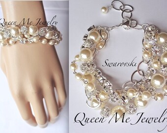 Chunky pearl and crystal bracelet Twisted pearl bracelet Swarovski Brides pearl statement Shabby Chic wedding bridal bracelet Jewelry BLING