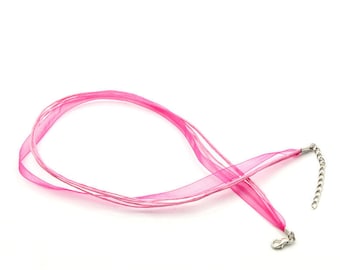2 waxed cotton thread and organza Ribbon necklaces FUSCHIA 43 cm