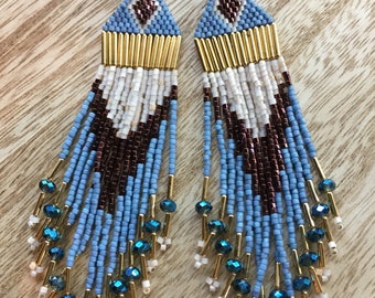 Beaded fringe earrings, Native American style beadwork earrings, gold earrings