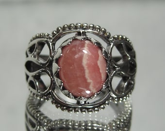 Vintage Sterling Silver Pink Banded Rose Quartz Gemstone Ring Sz 7.25 M630