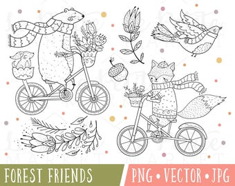 Forest Friends Clipart, Woodland Bear Riding a Bicycle Clipart, Woodland Fox Riding a Bicycle Illustration, Cute Fox Digital Stamp, Clip Art