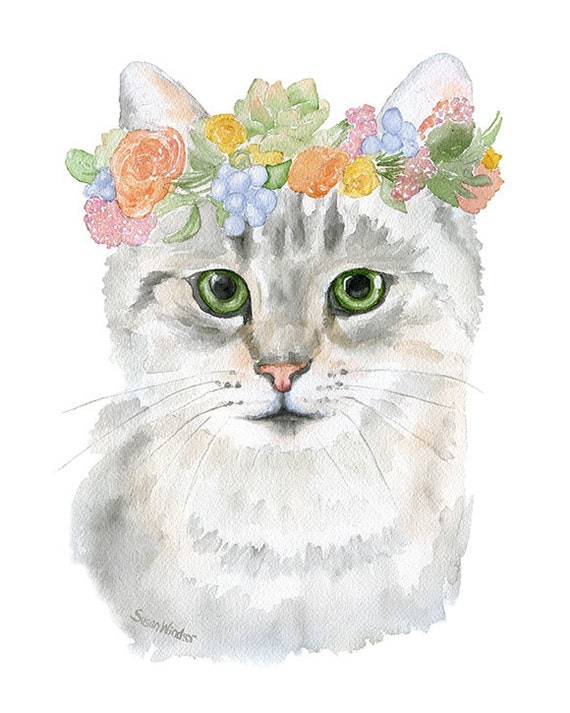 Download Cat Floral Watercolor Painting 8 x 10 Fine Art Giclee