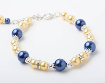 Navy and Yellow Bridesmaid bracelet, Navy and yellow wedding jewelry, Flower girl Bracelet, Junior Bridesmaid bracelet, Bridesmaid Gift