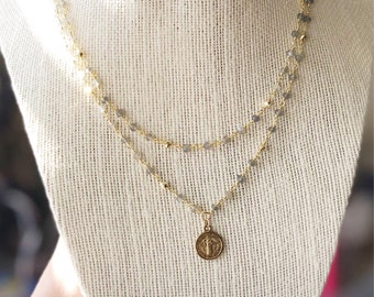 Double Layer Saint Pendant on Labradorite & Pyrite Chain