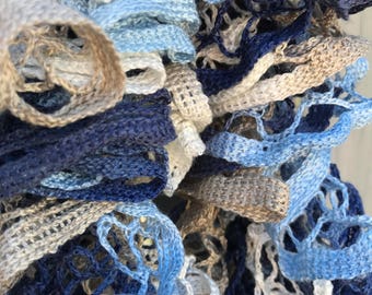 Crocheted scarf, ruffle scarf, variegated scarf, blue scarf
