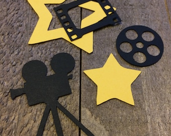Black Movie Camera Reel and Film and Yellow Star Table Confetti / Decoration Decor Centerpiece Hollywood Theme Party C040