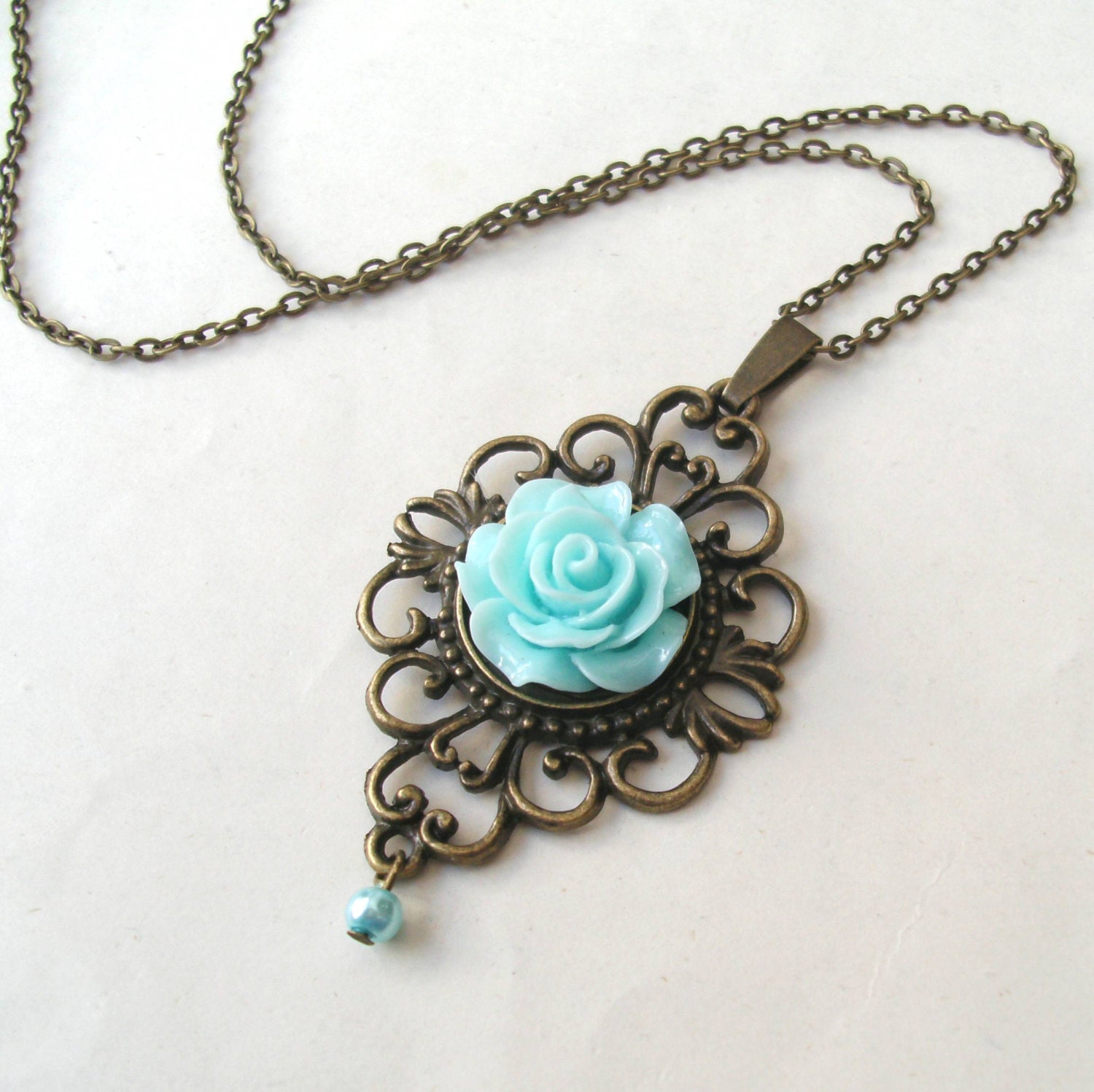 Light Blue Rose Necklace with Faux Pearl Drop Flower
