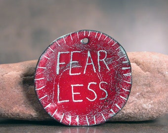 Enameled Copper Sgraffito Pendant, Enamel Jewelry, Boho, FEAR LESS, Divine Spark Designs, SRA