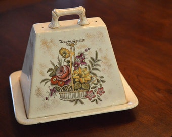 Ironstone Cheese Keeper Butter Dome Cloche Basket of Flowers Gold