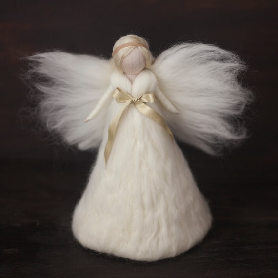 Items similar to Needle Felt Tree topper Angel WhiteSilk Gold