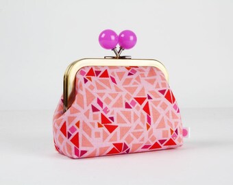 Metal frame coin purse with color bobble - Puzzle in lilac - Color dad / Geogram / Samarra Khaja / Japanese fabric / Mosaic / Red purple