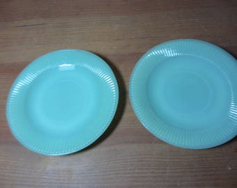 2 Jadite Fire King Jane Ray Saucers, Green Glass, Rayed Bottom