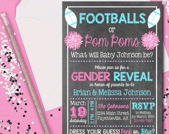 Gender Reveal Invitation, Footballs or Pom Poms, Gender Reveal Party, Pink or Blue, Invitation, Chalkboard, Printable 5x7