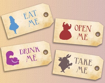 Alice in Wonderland eat me drink me tags 2 x4 Gift Hang