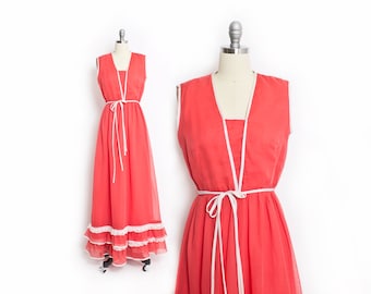 Vintage 1970s Dress - MISS ELLIETTE Coral Cotton Maxi Sleeveless Lace 70s - Small