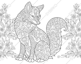 Fox. 2 Coloring Pages. Animal coloring book pages for Adults.