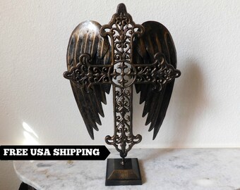 Standing Cross | Decorative Cross | Ornate Cross | Angel Wings | Angel | Metal Cross | Handmade Cross | Rustic Cross | FleurDeLisJunkie