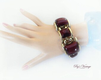 1950's Dark Red Moon glow Lucite Linked Bracelet, Thermoset Chunky Moonglow Vintage Bracelet