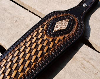 Premium Custom Handmade Leather Rifle Sling. Personalized. Hand tooled leather Basketweave Gun Sling. Hunting Rifle Sling w/ Snakeskin inlay