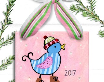 Pink Bird Ornament - Personalized Girl Ornament - Girls personalized Gift - Stocking Stuffer - Big Sister Ornament - Big Sister Gift