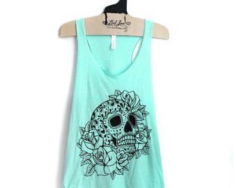 XL- Tri-Blend Mint Racerback Tank with Sugar Skull Screen Print