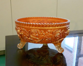 Marigold Imperial Carnival Glass Footed Bowl with Lustre Rose Pattern