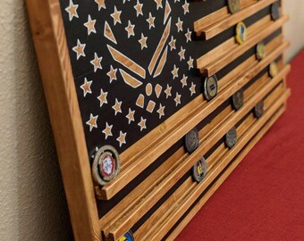 16" x 30" Military flag coin rack, Air Force Flag coin rack, Army flag, Navy flag, Marines flag, flag coin holder