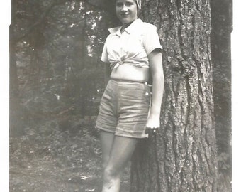 Vintage Snapshot "Pretty Teen" Teenage Girl Midriff Shirt Headscarf Short Shorts Found Vernacular Photo