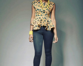 Peplum Beige Ankara Top African Clothing African Print Top African Fashion Women's Clothing African Fabric Ankara Fashion African Blouse
