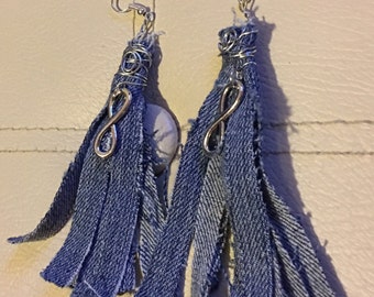 Denim Fringe Earrings with infinity charm