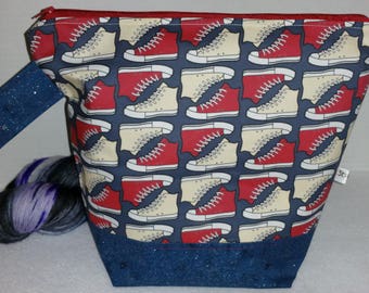 Dr Who Inspired, 10th Doctor Trainers, Tardis & Trench Coat Inspired Wedge Bottom WIP Knitting Bag. Choice of Zipper or Drawstring, Tote Bag