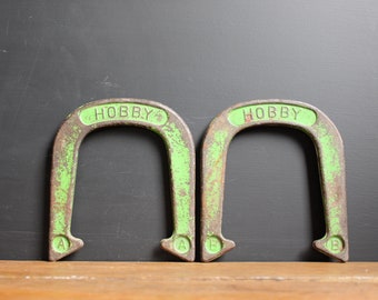 Vintage Pitching Horseshoes - Hobby - Matching Pair - Green - Distressed - Chippy - Farmhouse - Sport