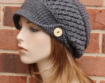 Crochet Newsboy Hat - Charcoal Grey Hat - Womens Slouchy Newsboy Beanie Hat - Winter Brimmed Slouchy Hat // THE FINLEY //