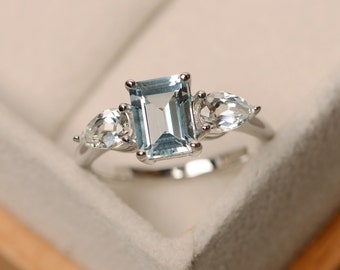 March birthstone ring, aquamarine ring, emerald cut aquamarine, sterling silver, engagement ring