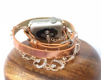 Apple Watch Band Women Vegan Leather Apple Watch Strap Apple Watch Bracelet Apple Watch iwatch band beaded Apple Watch band Rose Gold Apple