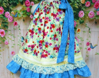 Girl Dress 2T/3T Yellow Blue Flower Garden Pillowcase Dress, Pillow Case Dress, Sundress, Boutique Dress