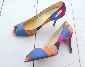 1980s Jewel Tone Silk Peep Toe Heels, Size 9