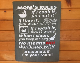 Mom's Rules Wood Sign Mom Rules Rustic Wood Sign