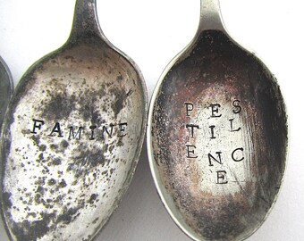The Four Teaspoons of the Apocalypse, Upcycled Windchime, Silverware Wind Chime, Handstamped Teaspoon Art