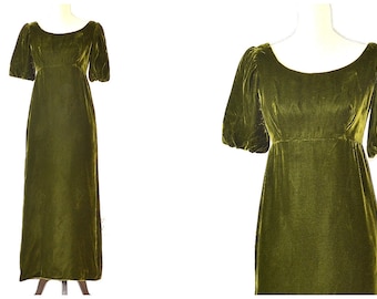 70s Green Velvet Dress - Vintage Prom Dress - Boho Velvet Maxi Dress - Empire Waist Velvet Gown - 70s Princess Dress