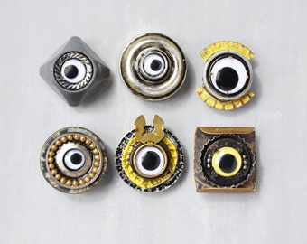 6 Robot Eyes Magnets - upcycled industrial junk recycled bottle caps buttons googly eyes - strong refrigerator magnet set