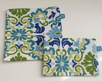 Reuseable Eco-Friendly Set of Snack and Sandwich Bags in Green, Blue and Teal Floral Fabric