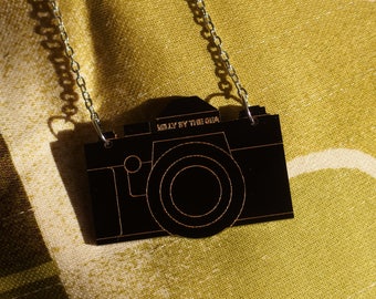 Black Laser Cut Acrylic Camera Necklace 20" Silver Chain