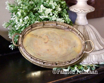 Small Oval Brass Tray, Vintage Brass Tray, Faux Bamboo Tray, Decorative Brass Tray, Vanity Tray, Business Card Holder,