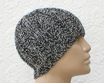 Black gray white tweed beanie hat, skull cap, toque, ribbed beanie hat, knit hat, mens womens hat, chemo cap, black gray hat, skateboard hat