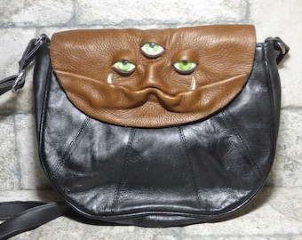 Cross Body Adjustable Purse With Face Monster Black Leather Unique Gift 445