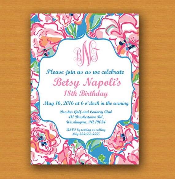 SALE Lilly Pulitzer Inspired Invitation Monogrammed