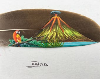 Scarlet Macaw Standing On A Branch Overlooking The Ocean And An Erupting Volcano Hand-painted On A Feather, Costa Rican Volcano