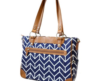 Laptop Camera Bag - Navy and Camel Chevron Arrows - Laptop Tote - Womens Laptop Satchel - Canvas and Vegan Leather